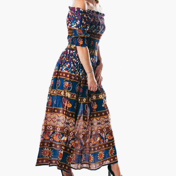 Blue peasant maxi dress short sleeve off shoulder boho summer floral tie dye - Picture 4 of 4